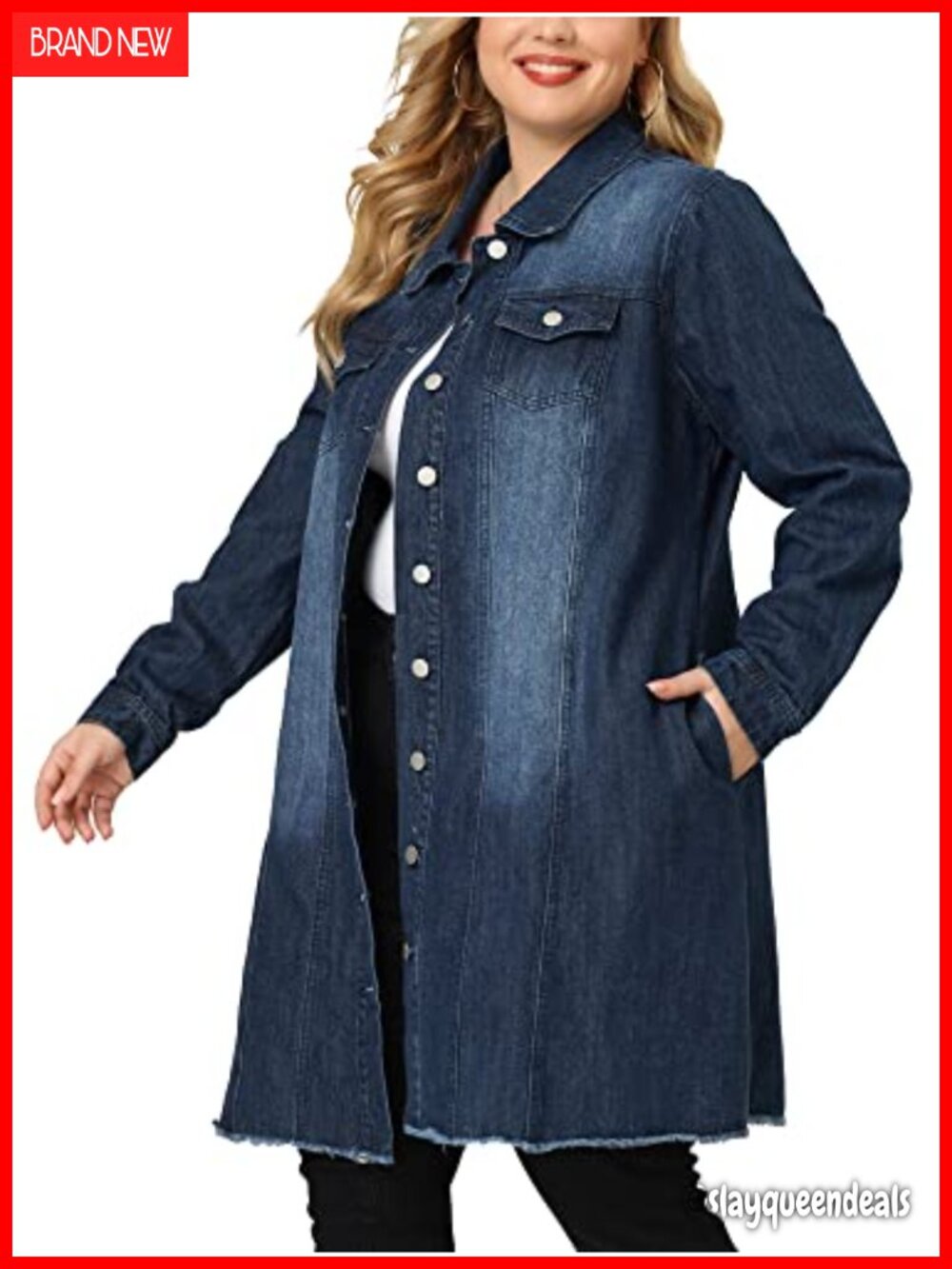 Plus Size Distressed Denim Jacket Button Down Chest Pockets Long Sleeve Casual